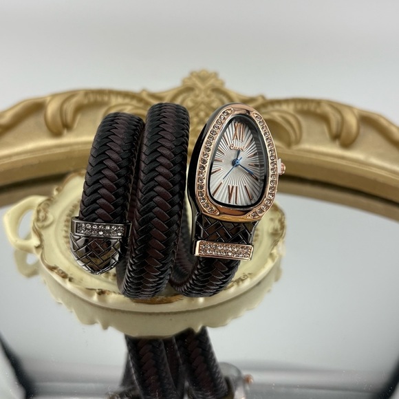 Serpenti Style Wrap Watch –Brown & Black Faux Leather Rose Gold Tone Silver Dial main image 10
